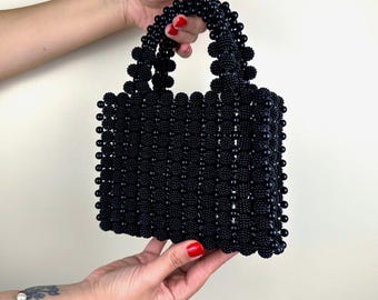 Pearl Beaded Clutch, Handmade Black Pearl Bag, Wedding Day Bag For Bride, Gift For Mom, Top Handle Bags