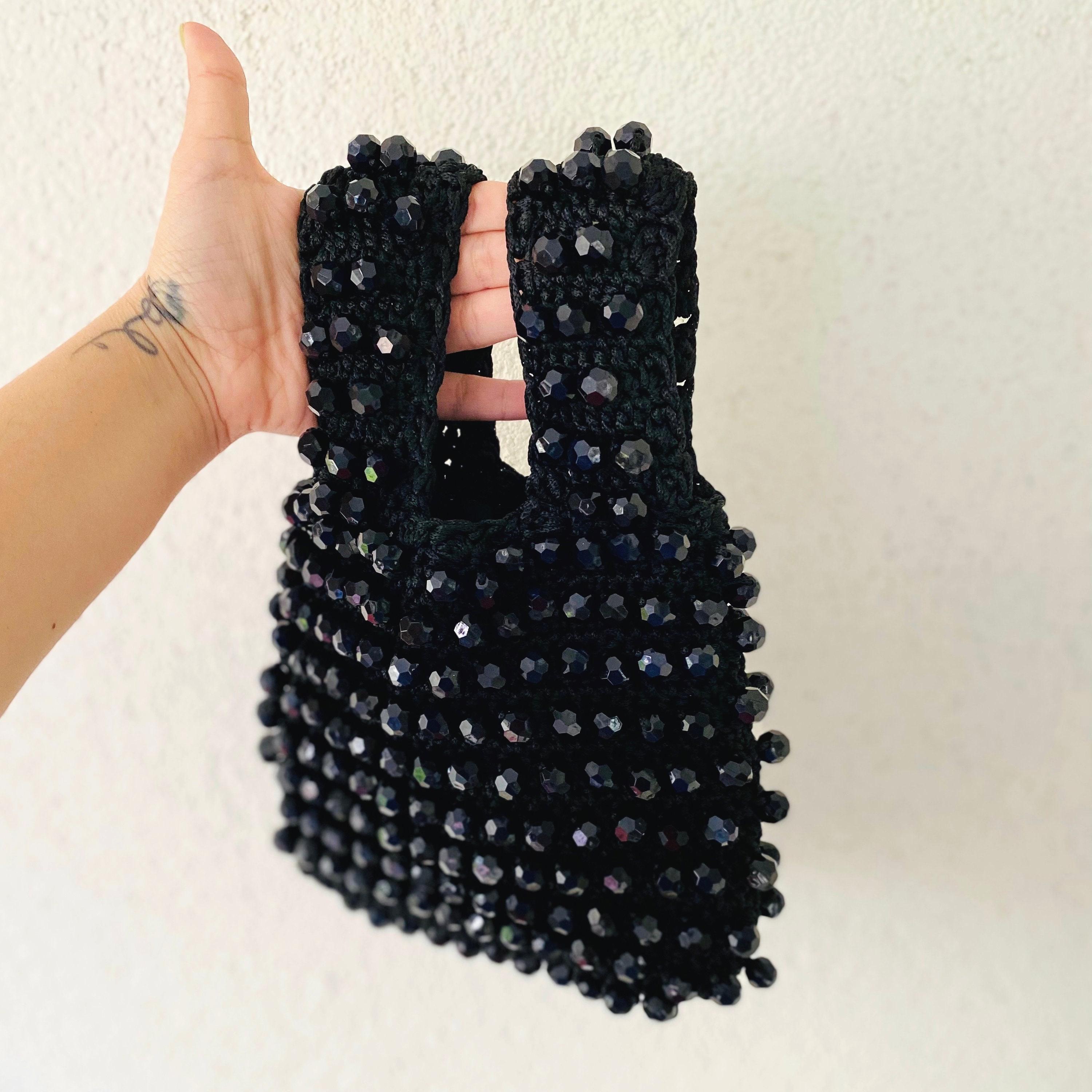 Beaded Japanese Knot Bag, Crochet Wristlet Handbag Black, Mothers Day Gift For Women