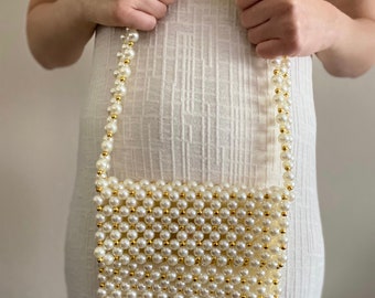 Luxury Pearl Small Handbag Bride Tote Bag Bridal Purse, Pearl Beaded Evening Shoulder Bag With Gold Details, Unique Gift For Her