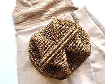 Knitted Luxury Metallic Raffia Evening Clutch Bag, Crochet Evening Leather Bag, Mothers Day Gift for Her, Evening Crochet Small Medium Pouch