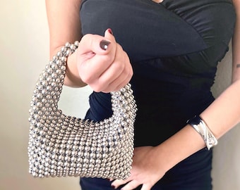 Metallic Silver Handbag, Hand Beaded Night Clutch & Evening Bag, Statement Accessory
