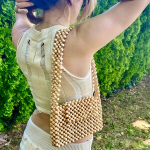 Handmade Rustic Wooden Boho Beaded Shoulder Bag, Sustainable Summer Fashion Style Bead Purse Bag, Yellow Wood Bead Women Bag, Holiday Gifts