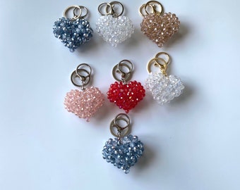 3D Heart Sparkling Crystal Keychain Charm, Pink Beaded Keychain Bag Charm, Mother's Day Gift For Mom