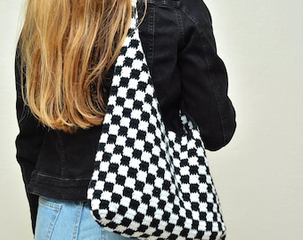 Crochet Checkered Tote Bag, Handmade Boho Knit Crossbody Shoulder Bag