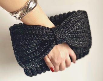 Bolso de mano de crochet, bolso de mano negro brillante, bolso de mano para boda