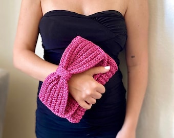 Fuchsia Crochet Clutch With Big Bow, Coquette Fancy Purse Wedding
