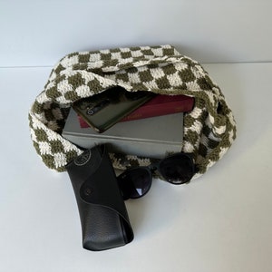 Crochet Checkered Bag, Checkered Tote Bag, Crossbody Knitted Bag, Handmade Crochet Bag, Shoulder Bag, Blue White Checkered, Khaki White Bag
