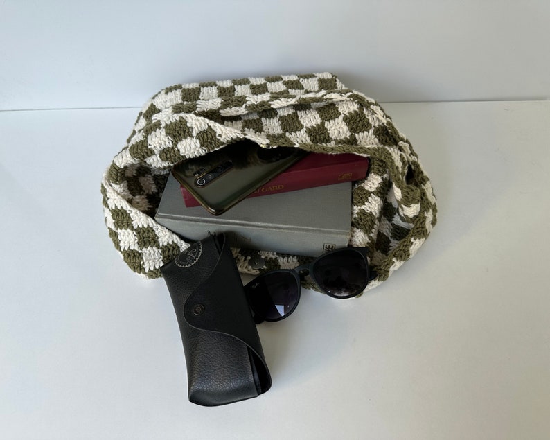 Crochet Checkered Bag, Checkered Tote Bag, Crossbody Knitted Bag, Handmade Crochet Bag, Shoulder Bag, Blue White Checkered, Khaki White Bag
