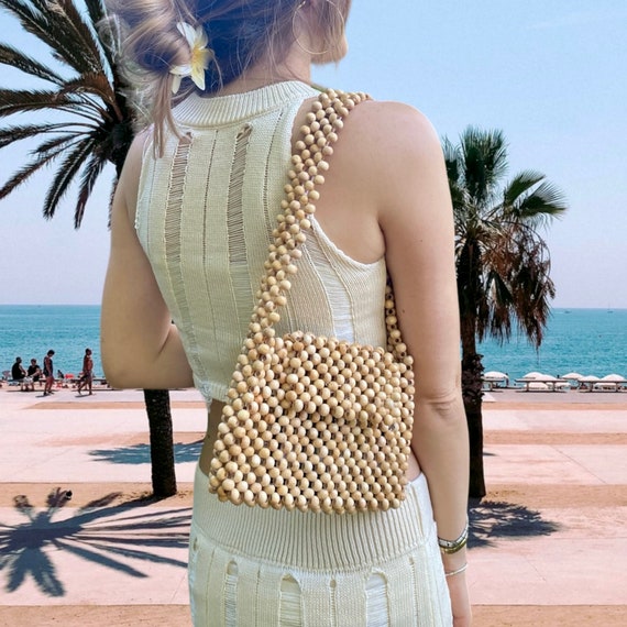 Wooden Beaded Shoulder Bag, Handmade Boho Summer Bag, Festival Outfit