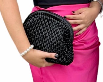 Crochet Metallic Leather Evening Bag, Wedding Guest Clutch Black, Wife Gift For Mothers Day