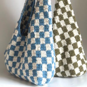 Blue and white, khaki and white checkered bag