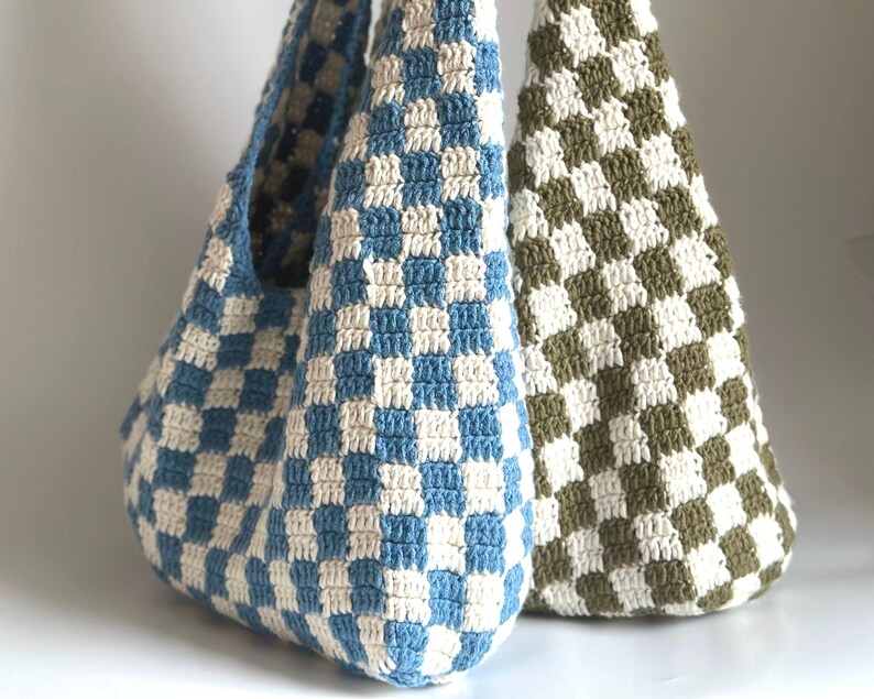 Blue and white, khaki and white checkered bag