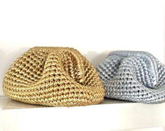 Knitted Luxury Metallic Raffia Evening Clutch Bag, Crochet Evening Leather Bag, Mothers Day Gift for Her, Evening Crochet Small Medium Pouch