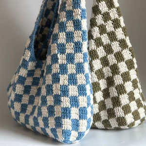 Handmade Crochet Checkered Tote Shoulder Bag, Checkerboard Crossbody Knitted Bag, Blue Khaki White Checkered Bag Mom Gift