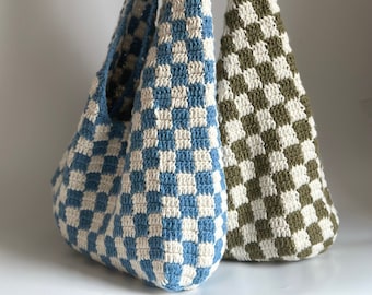 Handmade Crochet Checkered Tote Shoulder Bag, Checkerboard Crossbody Knitted Bag, Blue Khaki White Checkered Bag Mom Gift