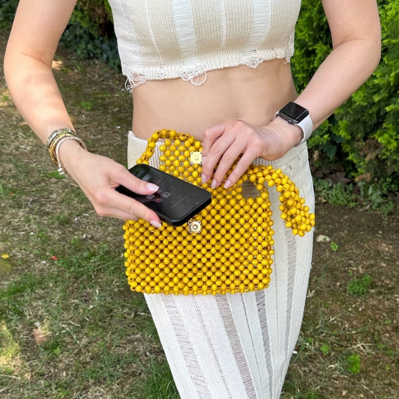 Handmade Rustic Wooden Boho Beaded Shoulder Bag, Sustainable Summer Fashion Style Bead Purse Bag, Yellow Wood Bead Women Bag, Holiday Gifts