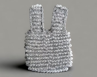 The Hope Mini Macrame Beaded Silver Tote Bag, Macrame Bag Hand Beaded Two Wide Handles, Large Clear Beads In A Geometric Silver Woven Design