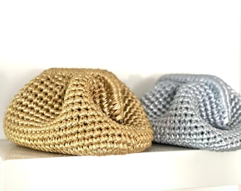 Crochet Metallic Raffia Clutch, Leather Metallic Raffia Clutch, Small Metallic Handbag, Luxury Evening Bag, Gold Metallic Clutch, Silver Bag