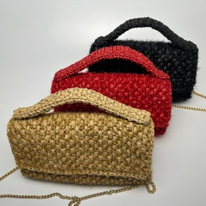 Handmade Sparkly Crochet Raffia Shoulder HandBag, Top Handle Crossbody Purse Women, Black Evening Clutch Bag, Mothers Day Gift For Her