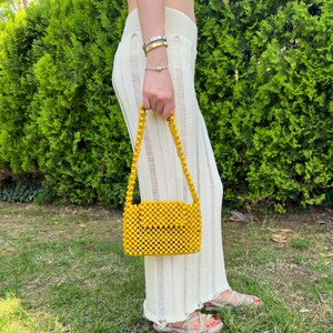 Handmade Rustic Wooden Boho Beaded Shoulder Bag, Sustainable Summer Fashion Style Bead Purse Bag, Yellow Wood Bead Women Bag, Holiday Gifts