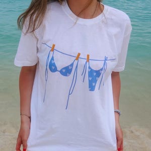 Blue Bikini Clothesline Comfort Colors T-Shirt | Cute Summer Graphic Tee | Beach Babe Aesthetic | Coastal Cowgirl Shirt | Vacation Vibes Tee