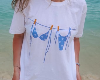 Blue Bikini Clothesline Comfort Colors T-Shirt | Cute Summer Graphic Tee | Beach Babe Aesthetic | Coastal Cowgirl Shirt | Vacation Vibes Tee