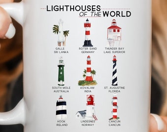 Lighthouses of the World Ceramic Mug 11oz 15oz, Watercolor Lighthouse Art, Nautical Coffee Mug, Gift for Lighthouse Lovers, Vintage Coastal