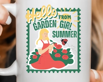 Retro Style Garden Girl Ceramic 11oz and 15oz Mug | Hello From Garden Girl Summer | Vintage Style Coffee Cup | Gardner Gift | Flower Mug