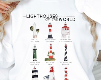 Lighthouses of the World Gildan Sweatshirt | Vintage Watercolor Graphic | Retro Beach Coastal Crewneck | Nautical Ocean Gift | Souvenir