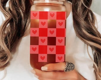 Heart Gingham Iced Coffee Glass | 16oz Cute Glass Cup with Bamboo Lid & Straw | Coquette Coffee Cup | Valentine Drinkware