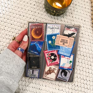 May include: A clear plastic case with a variety of colourful stickers featuring different designs, including a crescent moon, a wild rose, a record, a house, and a cowboy riding a bull. The stickers are arranged in a grid pattern and have text on them, such as "Crescent City", "Wild Rose Records", and "Nantucket Monday House".
