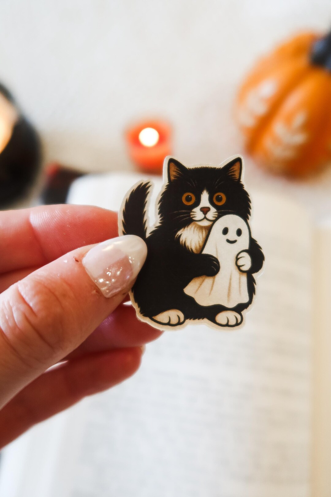 Ghost Cat Halloween Sticker | Cute Black Cat With Ghost Vinyl Sticker ...