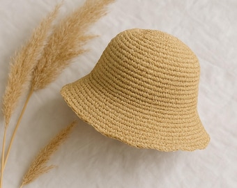 Beige Crochet Sun Bucket Hat Pattern- Adult Size – PDF Summer Hat with Raffia Yarn