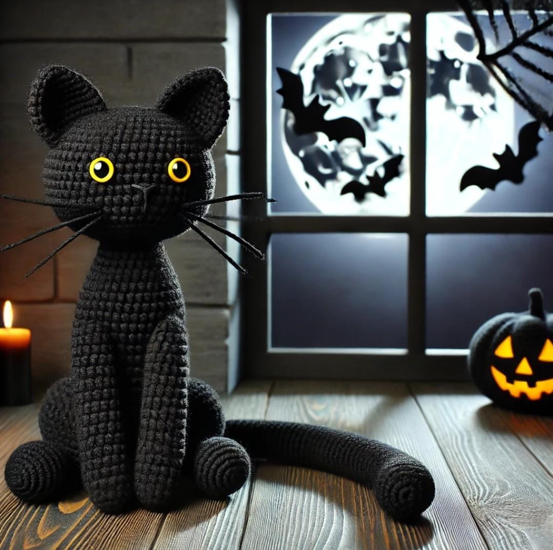 Black Crochet Cat with Yellow Eyes – Halloween Amigurumi Decoration Pattern – Long Tail Black Cat with Glowing Eyes
