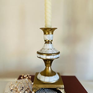Brass and Morher of Pearl Inlay Candlestick Holder