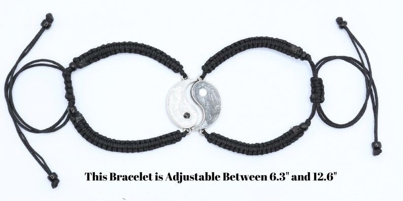 May include: Two black adjustable friendship bracelets with a silver yin yang charm. This Bracelet is Adjustable Between 6.3" and 12.6"