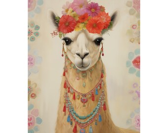 Mid Century Modern Llama Drama Print | Abstract Dressed Up Llama Decor | BOHO Flower Crowned Llama Poster | Minimalist Cute Llama Decor