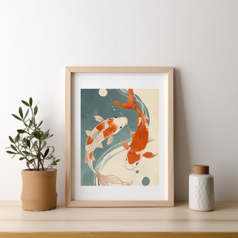 Minimalist Koi Fish Print Mid Century Modern Koi Pond Wall Art BOHO Yin ...