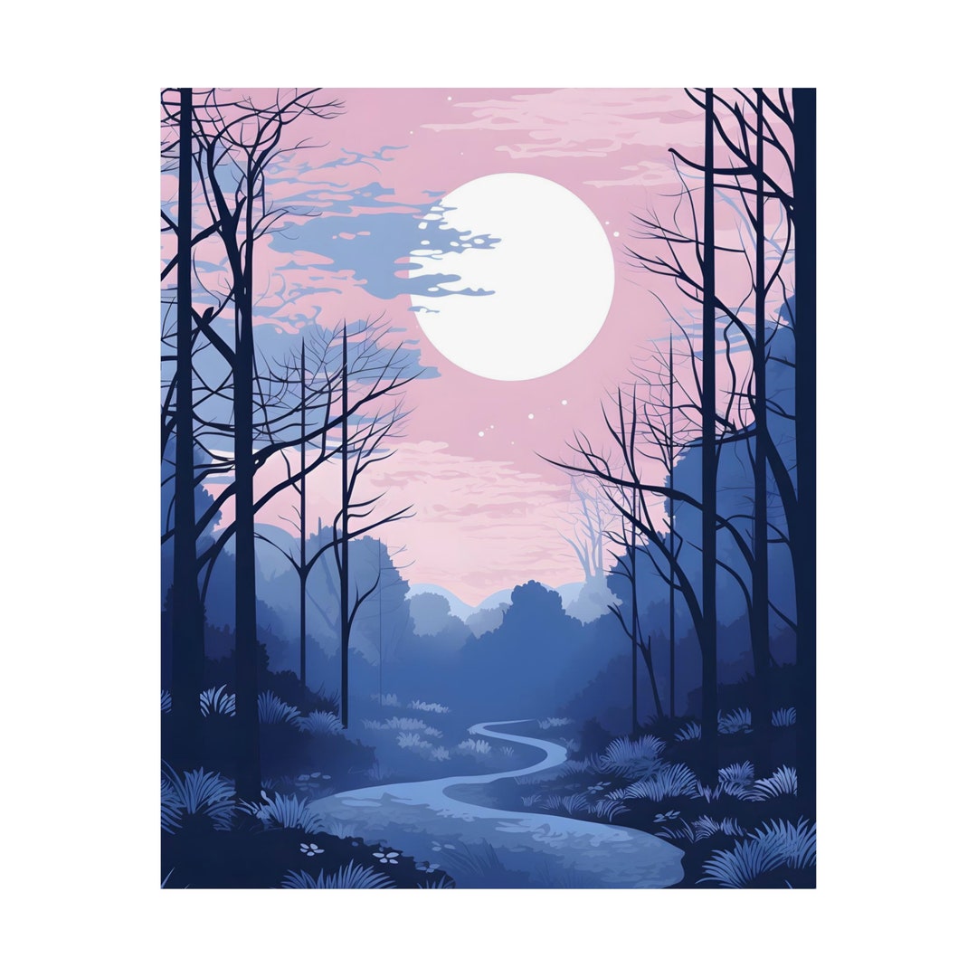 Minimalist Forest Path Wall Art Vintage Full Moon Poster - Etsy