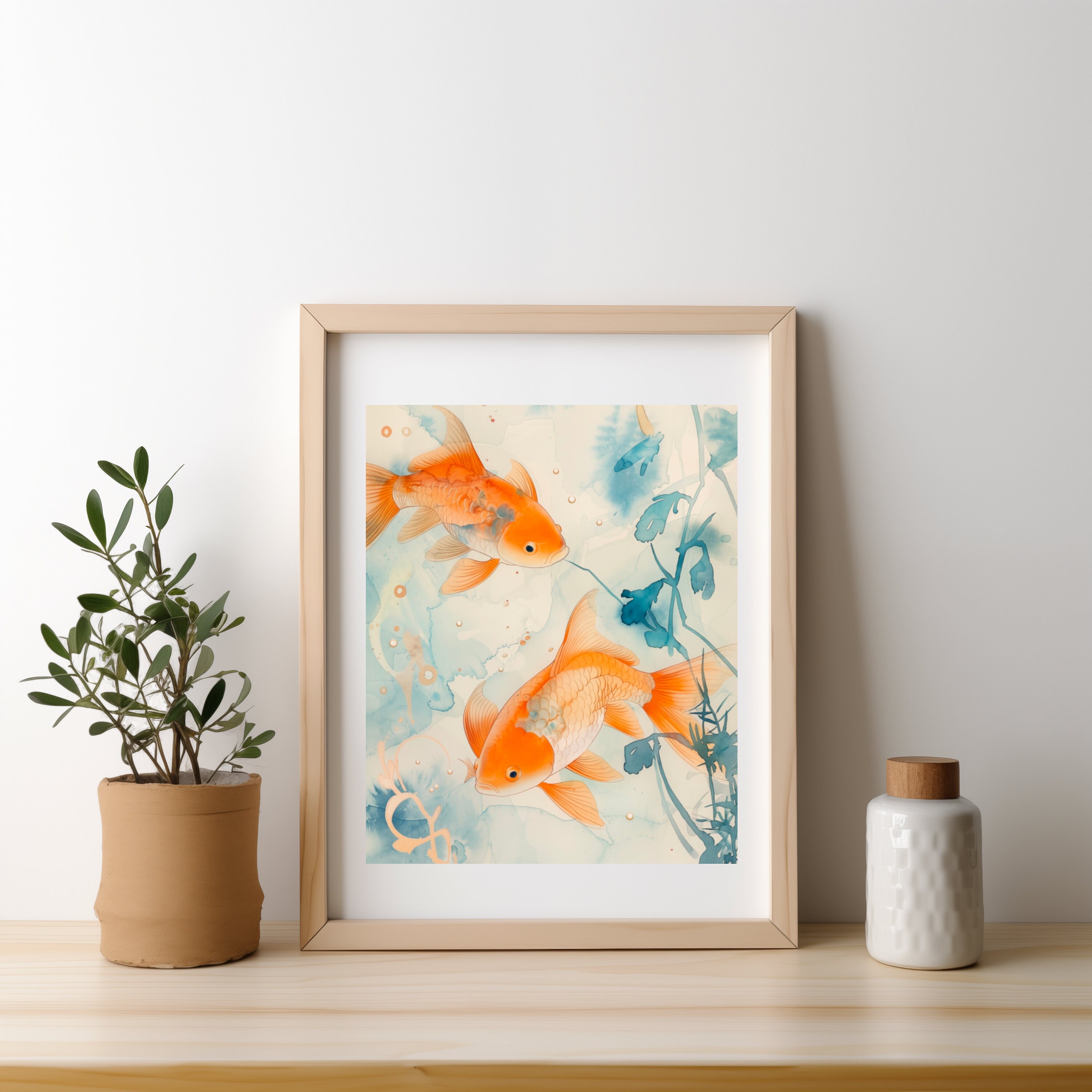 Watercolor Goldfish Print Mid Century Fish Wall Art BOHO Asian Illustration Poster Simple