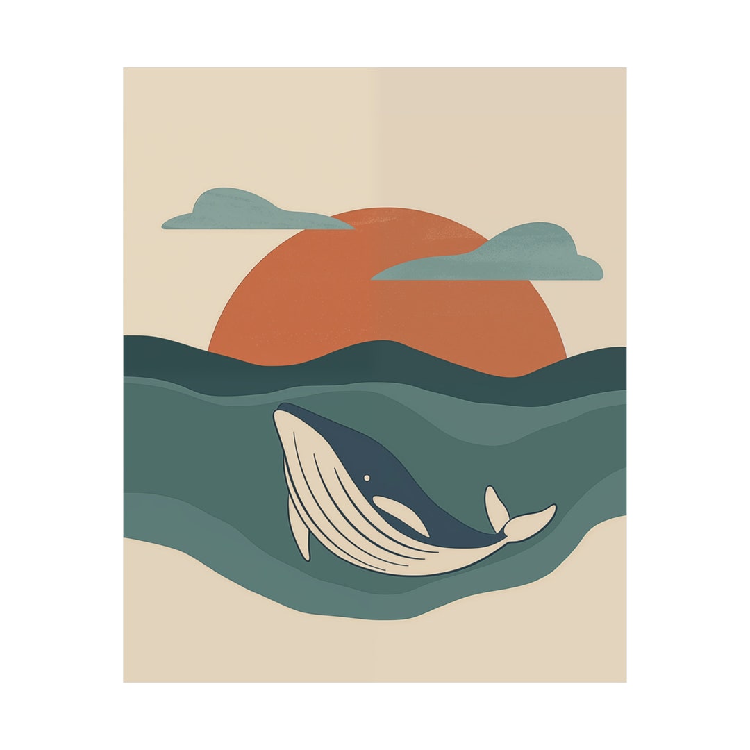 Minimalist Whale Wall Art Mid Century Modern Ocean Sunset Picture BOHO