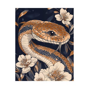 Arte mural ilustrativo de serpientes / Imagen ilustrativa de serpientes / Póster detallado de reptiles / Impresión detallada de la naturaleza / Arte botánico de flores