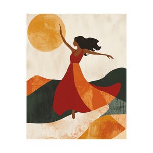 Arte mural ilustrativo de bailarina / Imagen de movimiento bohemio / Póster abstracto de libertad / Impresión moderna de sol / Obra maestra de figura enérgica