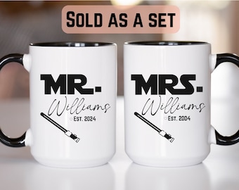 Custom Mr Mrs set mug, Star Wars Couple Set Mug, personalize Wedding Gift, Future Bride and Groom mug, Anniversary Gift, Valentines Day Gift