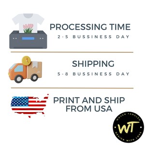 May include: Illustration of a printer, a delivery truck, and a map of the United States. The text "PROCESSING TIME 2-5 BUSINESS DAY", "SHIPPING 5-8 BUSINESS DAY", and "PRINT AND SHIP FROM USA" is displayed. A black and white logo with the text "WOVEN TANGLED WT DESIGN WITH LOVE" is in the bottom right corner.