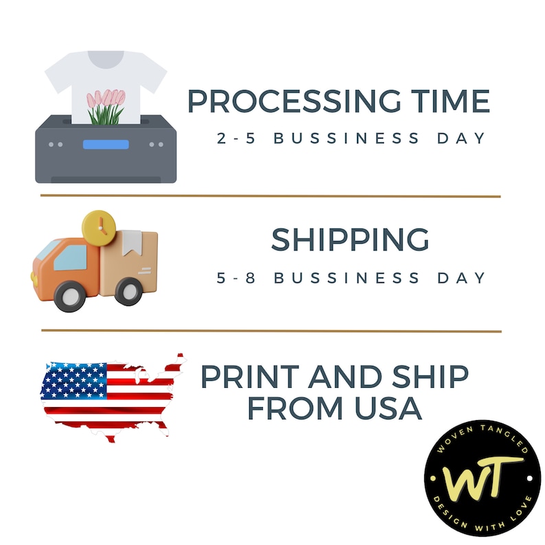 May include: Illustration of a printer, a delivery truck, and a map of the United States. The text "PROCESSING TIME 2-5 BUSINESS DAY", "SHIPPING 5-8 BUSINESS DAY", and "PRINT AND SHIP FROM USA" is displayed. A black and white logo with the text "WOVEN TANGLED WT DESIGN WITH LOVE" is in the bottom right corner.