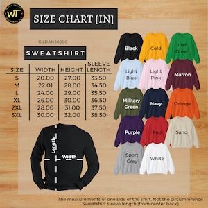 May include: Size chart for Gildan 18000 sweatshirts, showing width, height, and sleeve length in inches for sizes S, M, L, XL, 2XL, and 3XL. The chart also includes a colour swatch for each size.