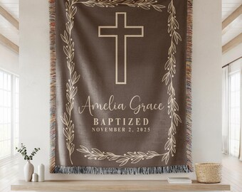 Personalized Baptism Baby Blanket, Woven Cross Christening Gift For Boy Or Girl, Religious Custom Keepsake, Baptism Name Baby Blanket