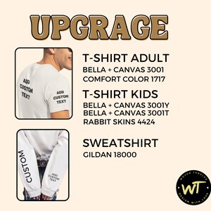 May include: A graphic showing different t-shirt and sweatshirt options for customising. The text reads "UPGRAGE" and lists the different brands and styles available. The text also says "ADD CUSTOM TEXT" on the sleeves of the shirts.