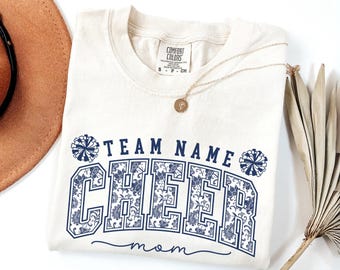 Comfort Colors® Custom Team Name Cheer Mom Shirt, Personalized Spirit Squad Tee, Floral Pom Pom Game Day Top, Cheerleading Support Gift